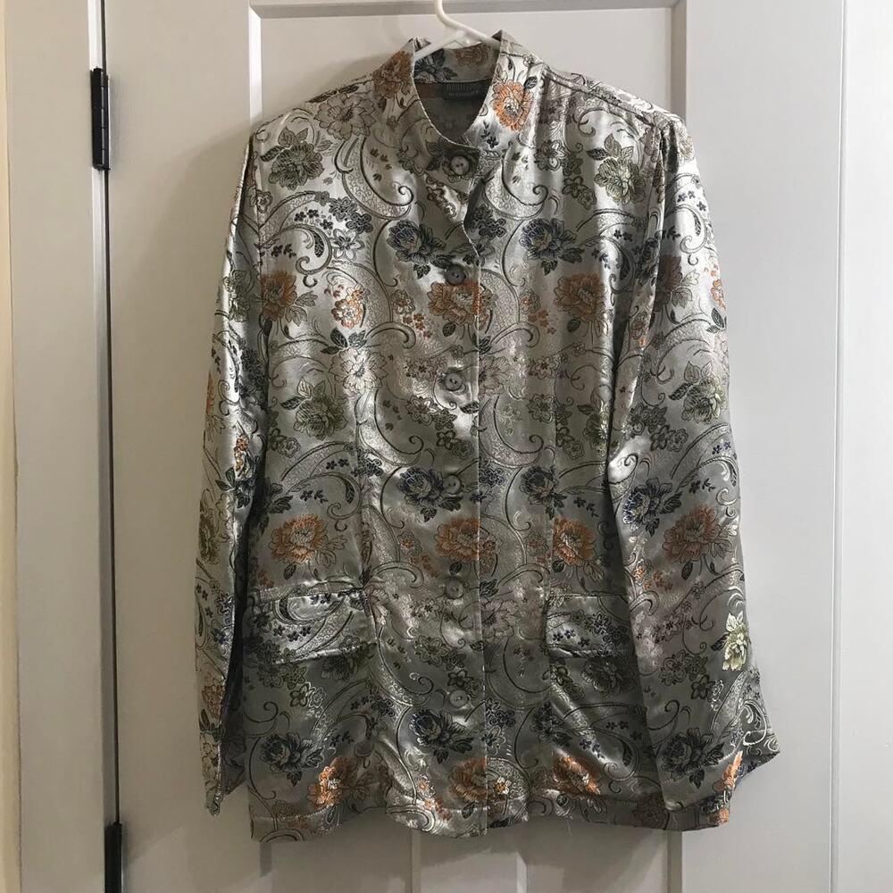 Light Blue Satin Floral Long Sleeve Jacket Additions by Chicos One Size